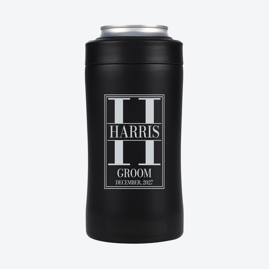 Digital mockup of a Black BRRWare 3-in-1 can cooler with silver framed split monogram engraving on the back: H, HARRIS, Groom, DECEMBER, 2027.