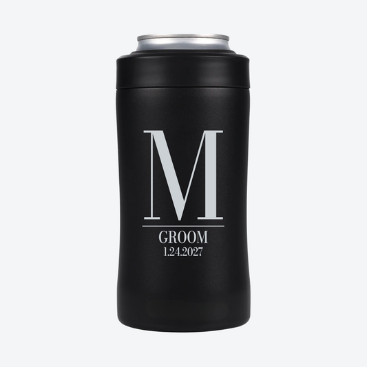 Digital mockup of a Black BRRWare 3-in-1 can cooler with silver initial and wedding role engraving on the back: M, Groom, 1.24.2027.