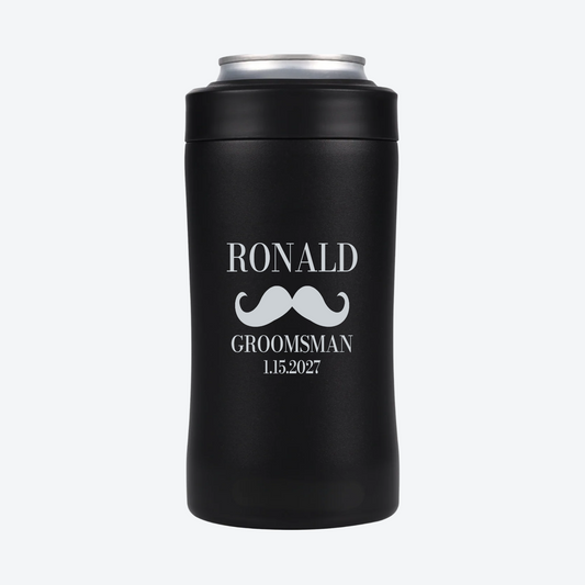 Digital mockup of a Black BRRWare 3-in-1 can cooler with silver mustache engraving on the back: RONALD, Groomsman, 1.15.2027.