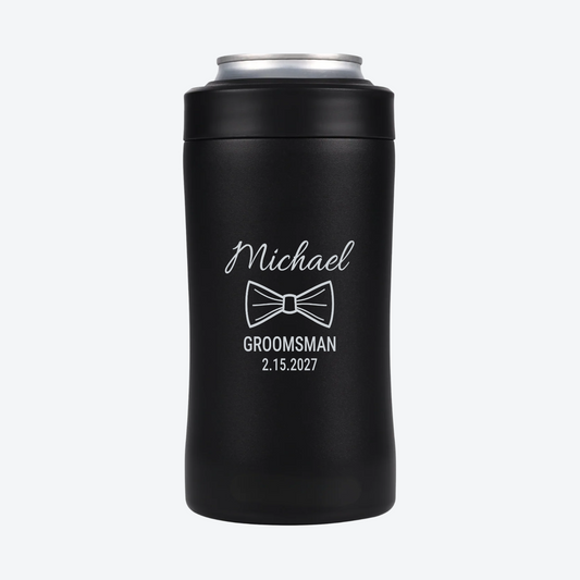 Digital mockup of a Black BRRWare 3-in-1 can cooler with silver outline bow tie engraving on the back: Michael, Groomsman, 2.15.2027.