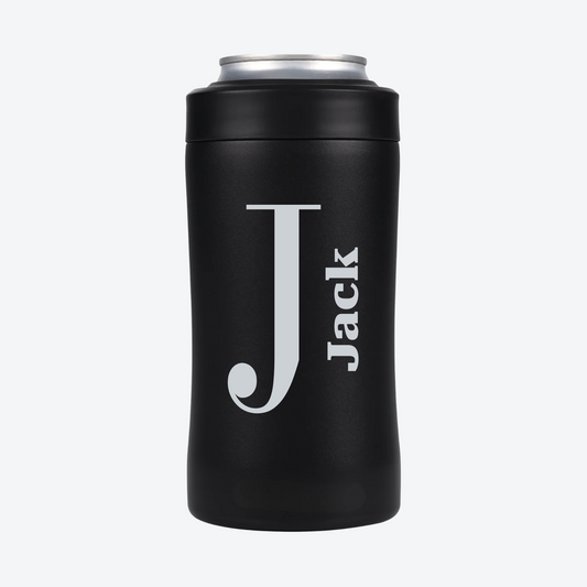 Digital mockup of a Black BRRWare 3-in-1 can cooler with silver vertical side name engraving on the back: J, Jack.