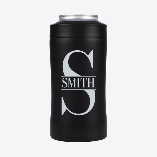 Digital mockup of a Black BRRWare 3-in-1 can cooler with silver split name monogram engraving on the back: S, SMITH.