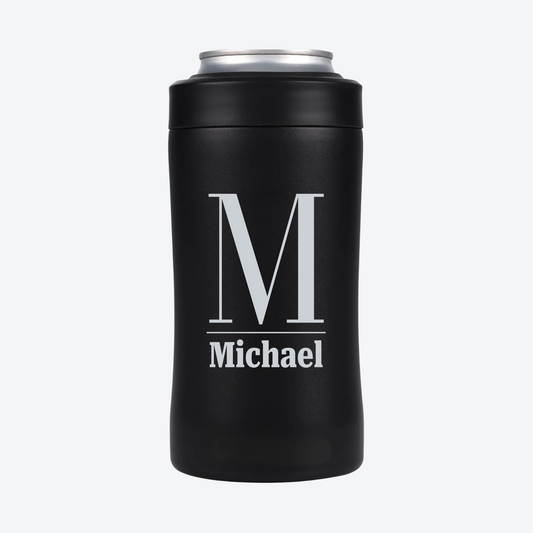 Digital mockup of a Black BRRWare 3-in-1 can cooler with silver underlined initial engraving on the back: M, Michael.