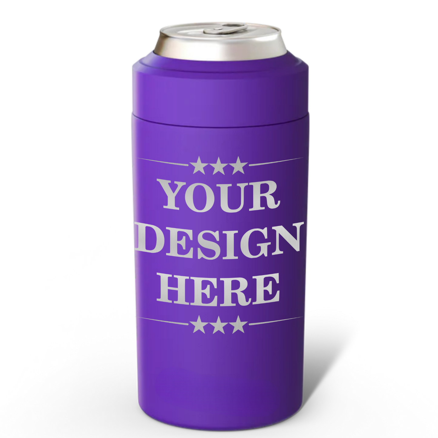 Purple can cooler with 'Your Design Here' text on a white background