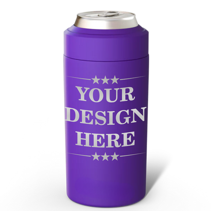 Purple can cooler with 'Your Design Here' text on a white background
