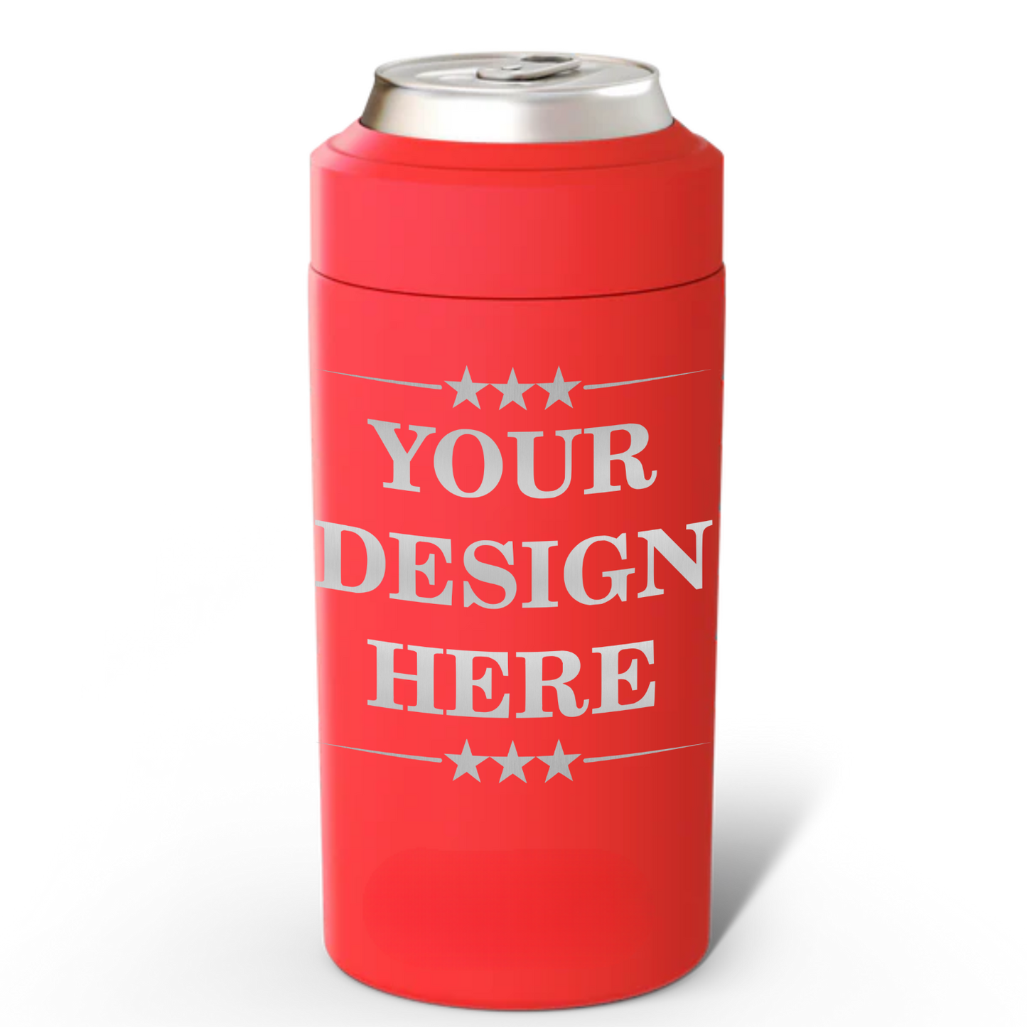 Red can cooler with 'Your Design Here' text on a white background