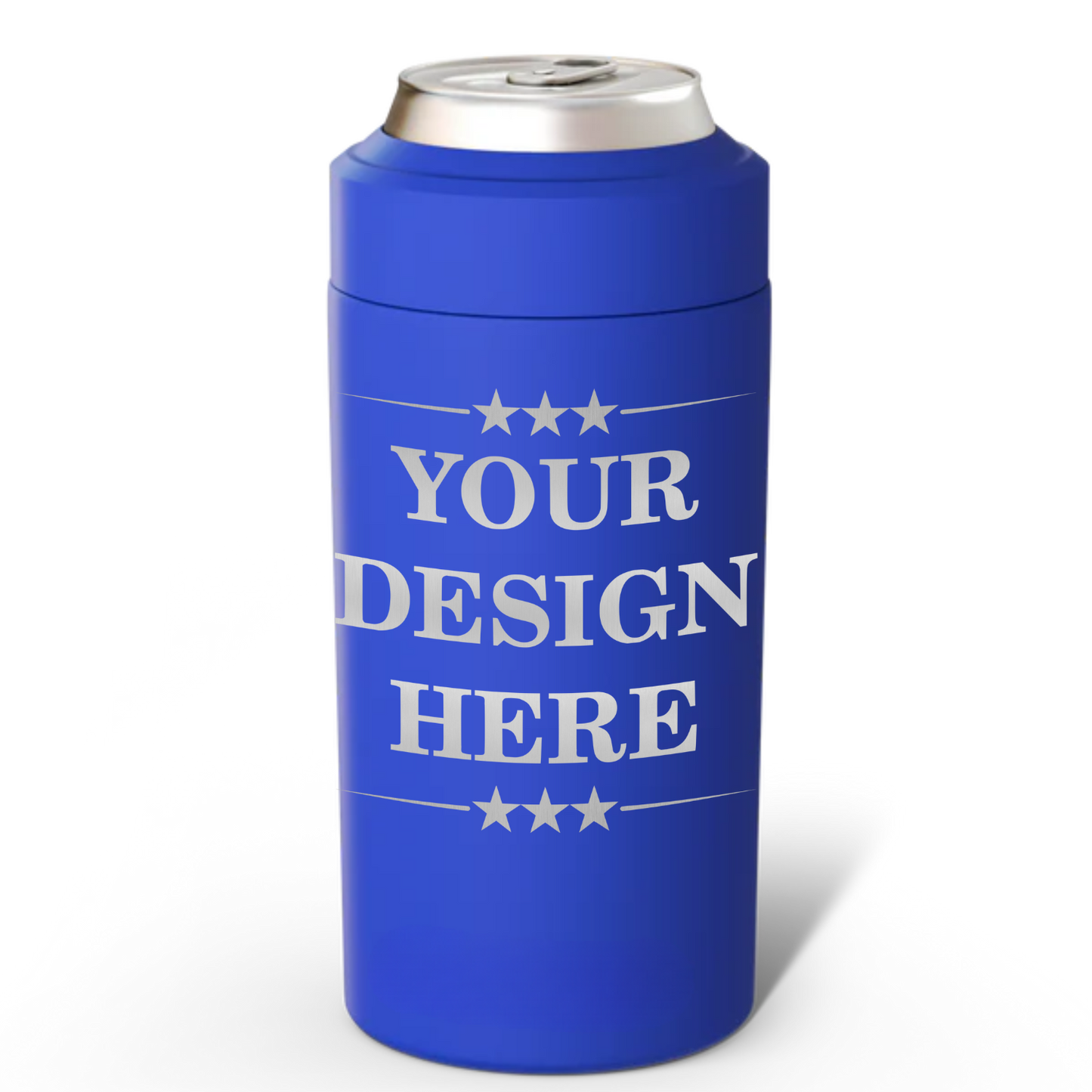 Blue can cooler with 'Your Design Here' text on a white background