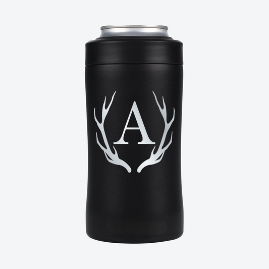Digital preview of A engraved in stainless-steel silver on a Black BRRWare 3-in-1 can cooler.