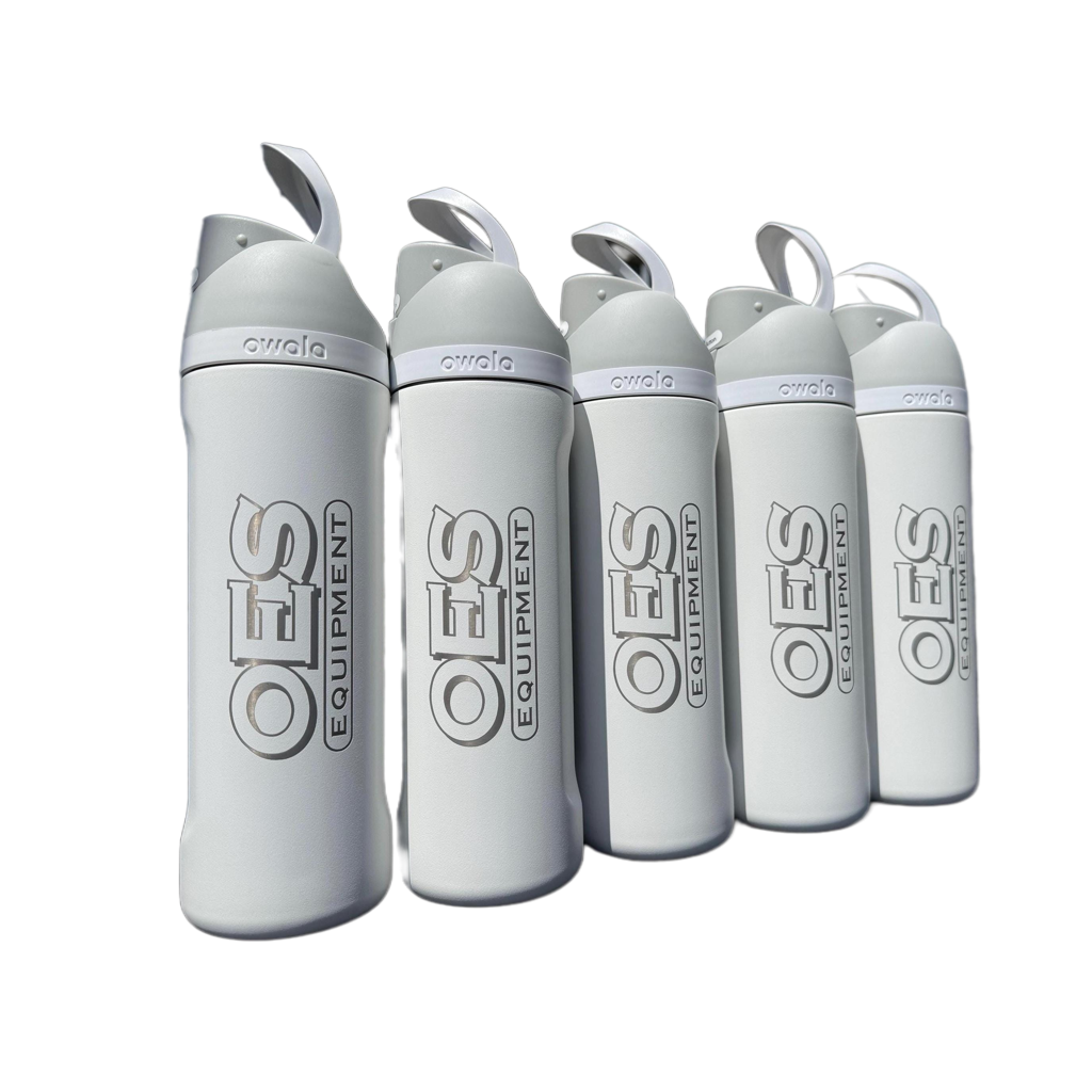 Five white Owala bottles engraved with the OES Equipment company logo