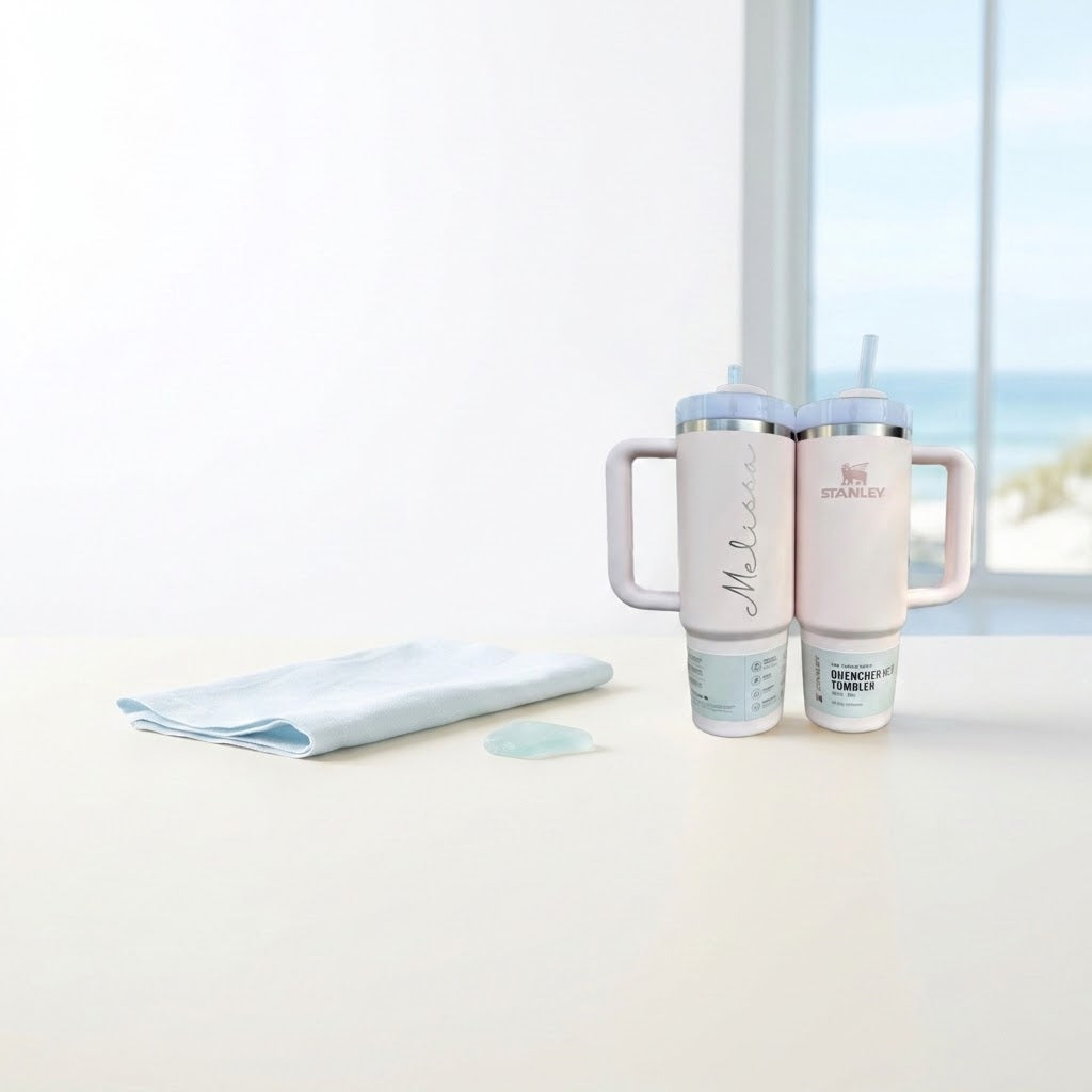 Two Rose Quartz Stanley tumblers, one engraved Melissa, in a bright coastal studio