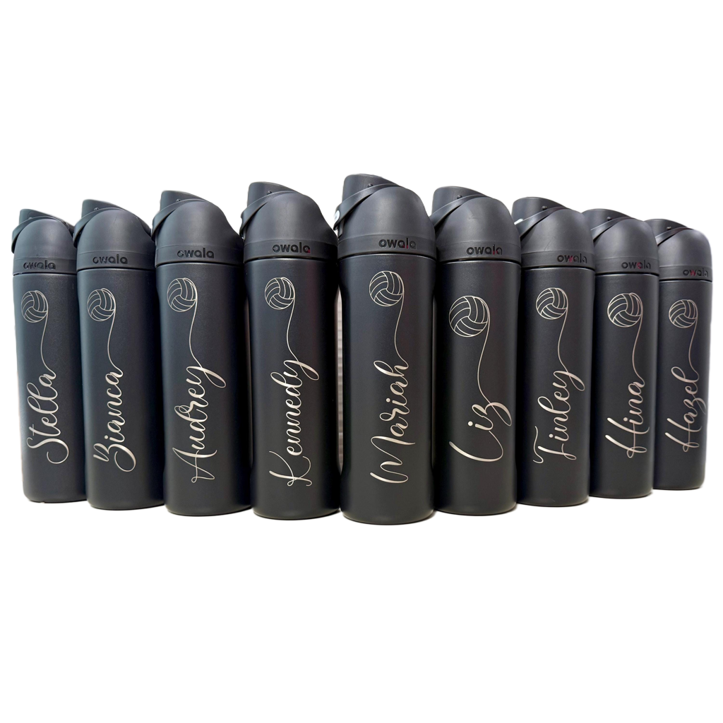 Nine black Owala team bottles with individual names and volleyball engravings